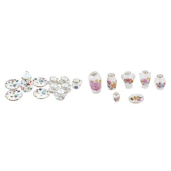 2 Set Dollhosue Miniatură Accesorii: 1 Set De Veselă Din Porțelan Set De Ceai & 1 Set Ceramic China Porțelan Crescut Vaza