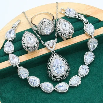 2021 New Sosire Culoare Argintie Set de Bijuterii pentru Femei Nuntă Zircon Alb Dubai Bratara Cercei Inel Colier Cadou de Crăciun