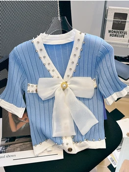 2023 Noua Moda De Vara Femei Arc V Gât Single-Breasted Tricotate Pulover Scurt Mozaic De Culoare NailDiamond Cardigan Topuri De Sex Feminin