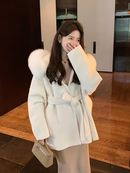 2023 Nouă Femei de Haină de Lână Jachete cu Blană de Vulpe Hoody de Moda de Îmbrăcăminte de Lână cu Centură de Iarna pentru Fete Haine de Blană Caldă Scurt
