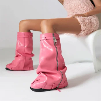 2023 Toamna/Iarna pentru Femei de Moda de Înaltă slipsole Rotund Toe Fermoar Vițel cizme Sexy Blocare