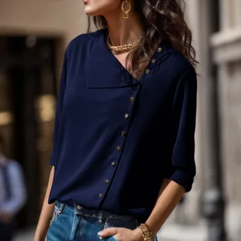 2023 Toamna Noua franceză de Femei Tricou Vintage Moda Elegant Culoare Solidă Singur Pieptul Bluza Casual Solidă Maneca Lunga Tricou