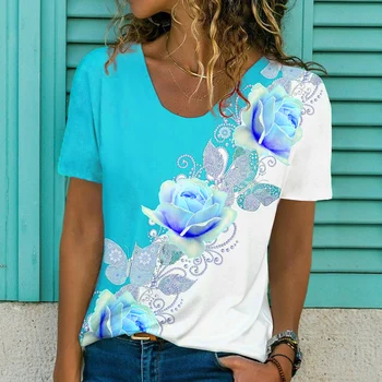 2023 Vara Femei Tee Temă Florală Pictura Tricou Florale de Culoare Bloc O-Gât de Bază Topuri Albastru Roșu Roz / 3D de Imprimare Tricou Vrac