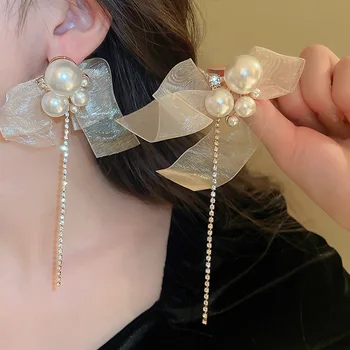 2024-coreean Geometrice Perla Material Bow Cercei Moda Elegante Lungi Tassel Cercei Bijuterii pentru Femei