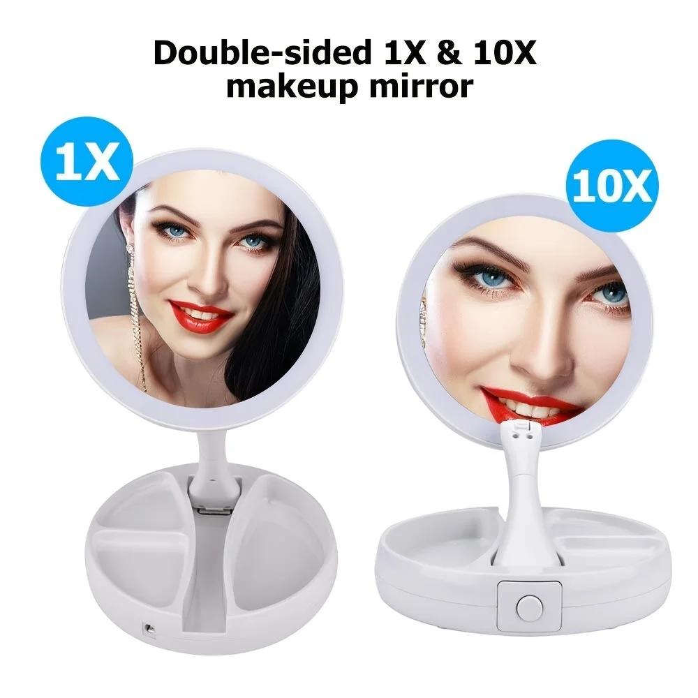 1 bucată Pliabil Oglindă cosmetică cu LED-uri de Lumină și 2x/10x Magnification - Verso Retractabil Oglindă . ' - ' . 2