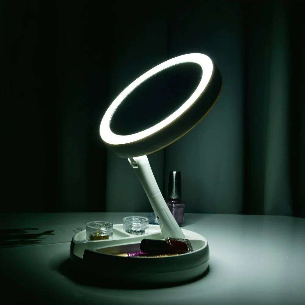 1 bucată Pliabil Oglindă cosmetică cu LED-uri de Lumină și 2x/10x Magnification - Verso Retractabil Oglindă . ' - ' . 4