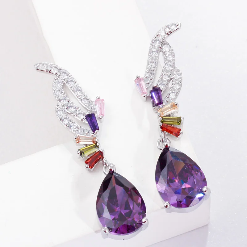 QooLady Violet Superb Picătură de Apă Mistică Cubic Zirconia Cristale de Culoare Multi Lady Aripa Lung Picătură Cercei Femei CZ Bijuterii E038 . ' - ' . 1
