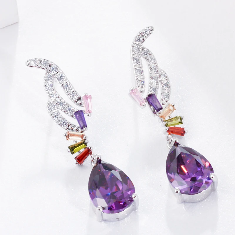 QooLady Violet Superb Picătură de Apă Mistică Cubic Zirconia Cristale de Culoare Multi Lady Aripa Lung Picătură Cercei Femei CZ Bijuterii E038 . ' - ' . 5