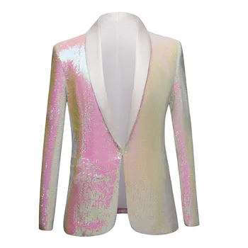Alb roz cu Paiete, Guler Șal Sacou Costum Pentru Bărbați Strălucitor Club de noapte Bal DJ Petrecere Costum Sacou Elegant de Nunta Cantareata Etapă Blazer