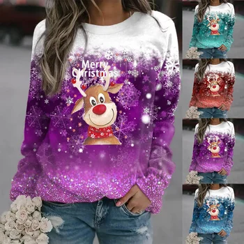 Animale Imprimate Pulover Gât Rotund de Sus Eleganta cu Maneca Lunga de Toamna Iarna pentru Femei de zi cu Zi de Epocă Pulover de Crăciun T-shirt