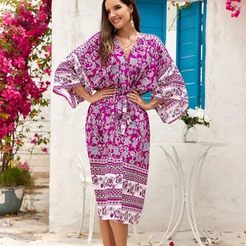 AYUALIN Casual cu Maneci Lungi Rochii Kimono de Vară Liber Caftan Vestidos de Epocă Bumbac Raionul Florale Imprimate Femei Cover-Up-uri Halat