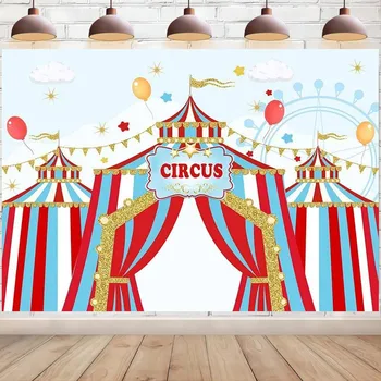 Carnaval Circ Temă Petrecere De Aniversare Fotografie Fundal De Cer Albastru Roșu Alb Cu Dungi Cort Roată Copil De Dus Masa Decor De Masă Banner