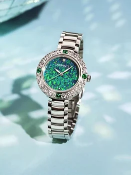 Cerc exterior diamant （Smarald+ stras）Japoneză cuarț Verde Sirena încheietura Ceas