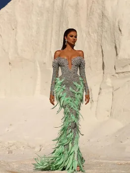 De Lux Sirena Rochii De Seara Lungi Mâneci V Gât StraplessSequins Margele Diamante Pene Fermoar Sexy Prom Rochii Personalizate