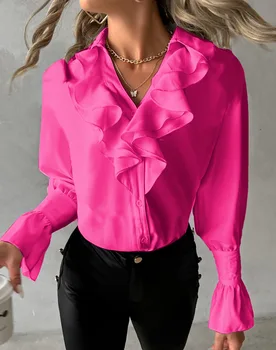 De primăvară Și Toamnă pentru Femei la Modă lui Ciufulit V-neck Culoare Solidă Tricou Elegant Alb cu Mâneci Lungi Buton Birou Casual Bluza
