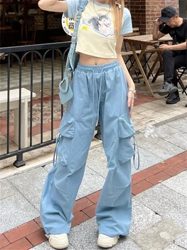Deeptown Stil coreean Albastru Pantaloni Femei Y2K Streetwear Retro Larga Parașuta Pantaloni Oversize Harajuku Buzunare Pantaloni