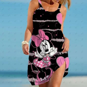 Disney Minnie Mickey Mouse Vara Elegante Femei De Dragoste Imprimate Dress De Pe Umăr O Gâtului Fără Mâneci Sexy Sling Rochie De Plaja Design