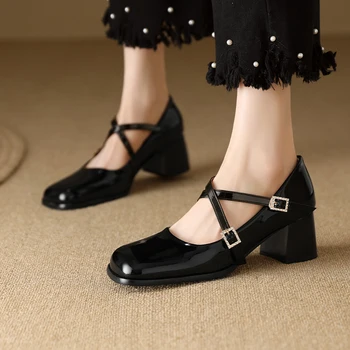 Două Catarama Curelei Mary Jane Pantofi 2024 Primăvară Nouă Femei din Piele de Brevet 6cm Grosime de Pompe Tocuri Retro Doamnelor Petrecere de Moda Pantofi