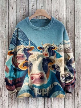 Drăguț Amuzant Vaci Selfie Artă Model de Imprimare Casual Tricot pulover Pulover Barbati Pentru Femei Pulover