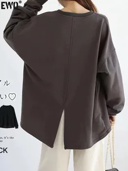 [EWQ] Japoneză Simplu Înapoi Split, O-neck Neregulate Maneca Lunga Bluza Casual Liber de Înaltă Calitate Tricoul Toamna Iarna Maree