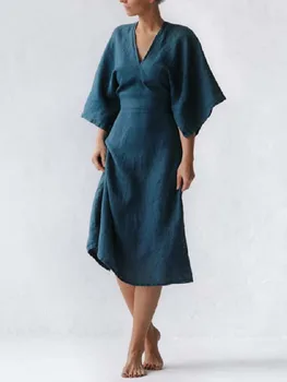 Femei elegante Plus Dimensiune Rochie de Vara din Bumbac Lenjerie V-Neck Flare Sleeve Lace Up Talie Casual Solid Minimalist Rochii de Epocă