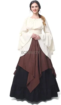 Femei Renașterii Medievale Haine de Epoca Victoriană Patchwork Rochie cu Mâneci Lungi Scoțian Rochie din Două piese Set Rochie pentru Femei