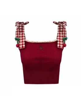 Femeii Arc Roșu Crop Top T-shirt Kawaii Vesta fără Mâneci de Pe Umăr Bretele Streetwear Casual Sexy Y2k Topuri Rezervor 2023 Vara