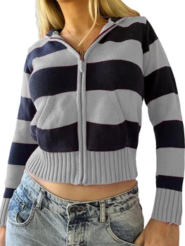 Femeile s Zip Sacou Tricot Zână Grunge Maneca Lunga cu dungi Tricot Cardigan Pulover de Sus Y2K E-Fata Estetice Uza