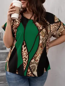 Finjani Bluza Femei Leopard de Vară Mozaic Bluze de Imprimare Crewneck Foarte Elegant Plus Dimensiune Bluze