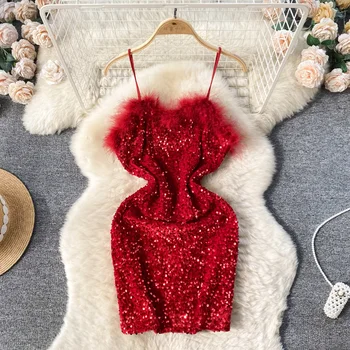 Foamlina Sexy Red Sequin Rochie Pentru Femei Fara Spate Fără Mâneci Sclipitoare Sutien Fete Rochie De Epocă De Lux De Pluș Sutien Sling Rochii De Club