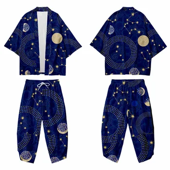 Geometrice Cerul Înstelat Imprimate Casual Subțire Vrac Doi Bărbați Femei Kimono Și Șapte Puncte De Pantaloni Asiatice Haine Harakuju Cardigan