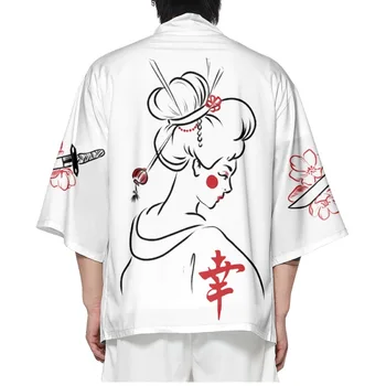 Japoneze Imprimare Alb Cardigan Barbati Samurai Costum De Îmbrăcăminte Mens Jacheta Kimono Tricou Yukata Haori