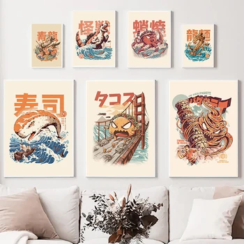 Japoneze Retro Abstract Mancare Ramen Sushi Hamburger Caracatiță de Postere și de Imprimare Panza Arta de Perete de Imagine pentru Camera Decor Acasă