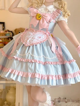 KIMOKOKM Kawaii Lolita Dulce Volane JSK Maid Dress Iubita fără Mâneci Contrastante de Culoare Arc Complet Maneca Girly Bretele Rochie