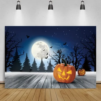 Laeacco Petrecere De Halloween Din Lemn Placi De Podea Dovleac Noapte Luna Pitoresc Pădure Întunecată Copil Fotografice De Fundal Studio Foto