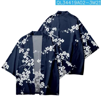 Liber Casual Prune Vestei Tipărite Bleumarin Kimono Pantaloni Scurți De Plajă Cardigan Vară Două Femei Bărbați Haori Yukata Streetwear