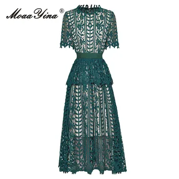 MoaaYina Pistă de Moda rochie de Vara pentru Femei Rochie verde Inchis cu Talie Înaltă Volane Gol Afară de Broderie Vintage, Rochii a-Line