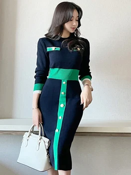 Moda coreeană Contrast Rochie tricot Femei OL Elegant cu Maneca Lunga Bodycon Midi Halat de Birou de sex Feminin Petrecere Streetwear Bază Vestido