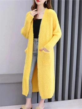 Moda coreeană Imitatie Nurca Mid-lungime Cardigan Tricotate Toamna Iarna Gros Vrac Cald Tricotate Haina Casual Pulover Streetwear
