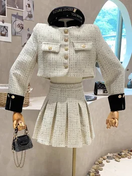 Moda Mic Parfum Dungă Despicare Maneca Lunga Sacou Fusta Plisata Pentru Femei de Iarnă 2023 Noua Moda Tweed Set de Două piese