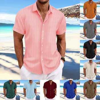 Moda multi-culoare bărbați cămașă cu dungi, cu rever culoare Solidă maneca scurta supradimensionate de sus camasa Casual de vara alegere