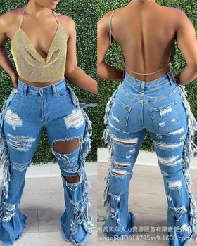 Moda Pantaloni Femei Deteriorat se Spală Ciucuri 2023 Vara de Lungă Blugi Denim pentru Femei
