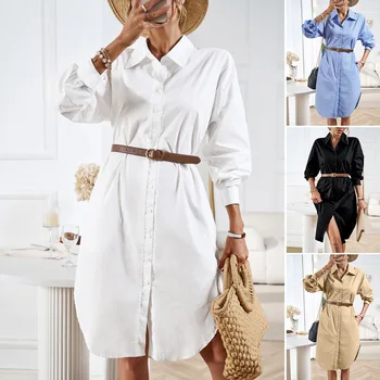 Moda Solid pentru Femei Rochie Camasa Office Lady Casual V Gât Rever Complet Maneca Lunga Fusta Feminin Toamna Streetwear Rochii