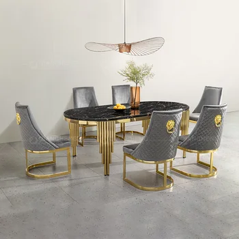 Noi dreptunghiulară de marmură masă lumină de lux de înaltă calitate din oțel inoxidabil masă și scaun combinație