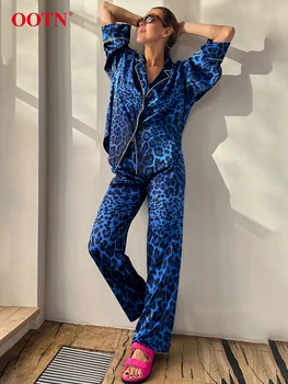 OOTN Acasă Purta Albastru de Imprimare de Costume de 2024 Casual Maneca Scurta Bluza Talie Mare Pantaloni Două Pijamale Bucata de Primăvară Pijamale Pijamale