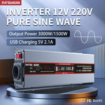 Pure Sine Wave Inverter 3000W Putere Invertor DC 12V AC 220V Auto Invertor curent Continuu 1500W Potrivit Pentru Europa, Cu LED-uri