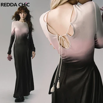 REDDACHiC Estetice Gradient Maxi Rochie Lunga Femei Sexy Backless Ciucure Bandaj Mâneci Lungi dintr-O bucata Y2k coreean Streetwear