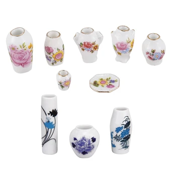 RIDICA-3Pcs casă de Păpuși în Miniatură de Plastic Vaza de Flori---Albastru Florale Pictate & 7Pcs Dollhosue Miniatură Ceramice Moderne China Porcelai