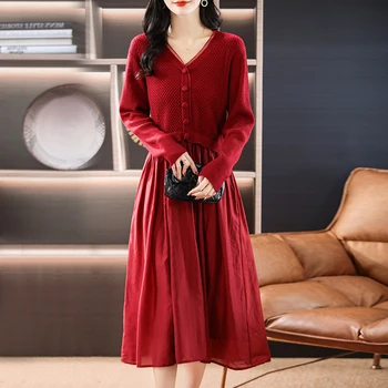 Roșu rochie tricot pentru femei 2023 toamna/iarna noi mozaic casual slabire cu mâneci lungi fusta