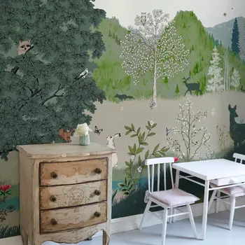 Schiță creion Wallpaper cu peisaje imaginare pentru Copii, Pepinieră pictură Murală Tina Hibou cu Bufnita, Iepurele și Ariciul